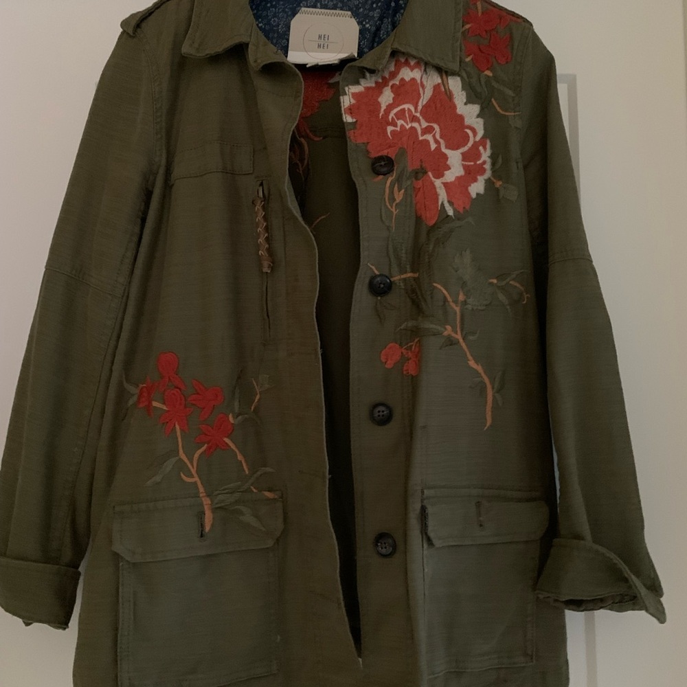 Anthropologie HEI HEI Embroidered Olive Jacket-3 front pockets + more
